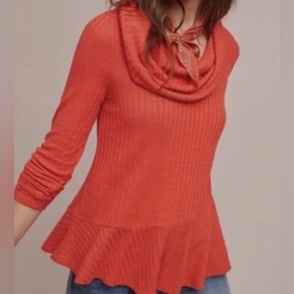 MAEVE by Anthropologie Orange Ribbed Winterscape Peplum Cowl Neck long sleeve - Picture 1 of 8